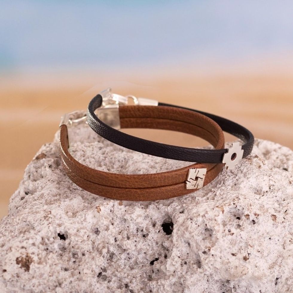 Light and Dark Brown Wristbands with Sterling Silver Pair 'Universal Chakana'