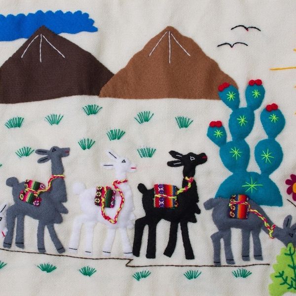 Alternate image for Animal-Themed Cotton Arpillera Table Runner from Peru Vicua Landscape