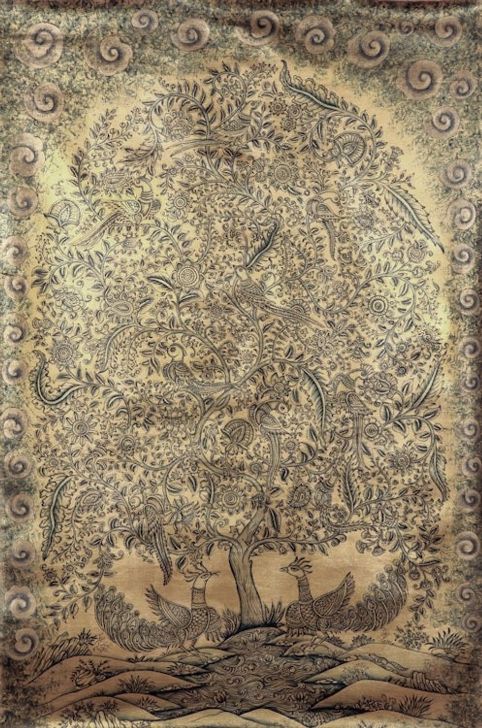Tree of Life Kalamkari Painting 'Dancing Clouds and Golden'