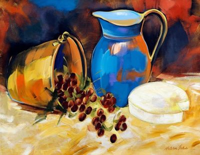 Alternate image for Still Life Acrylic Painting of Grapes Wine Jug and Cheese Wine and Etc