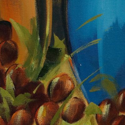 Alternate image for Still Life Acrylic Painting of Grapes Wine Jug and Cheese Wine and Etc
