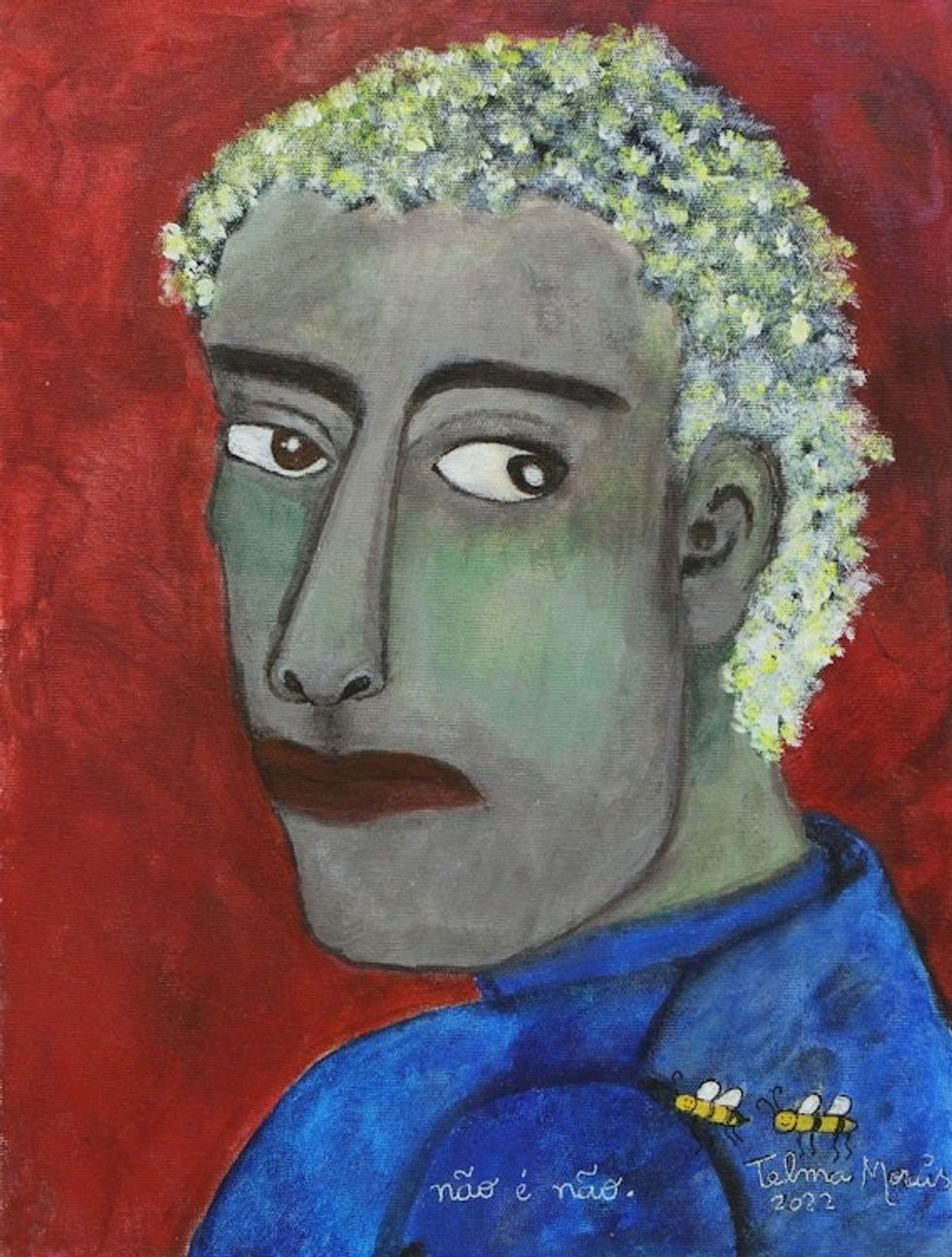 Signed Vibrant Naif Acrylic Painting of Mysterious Man 'Mr Regretful'