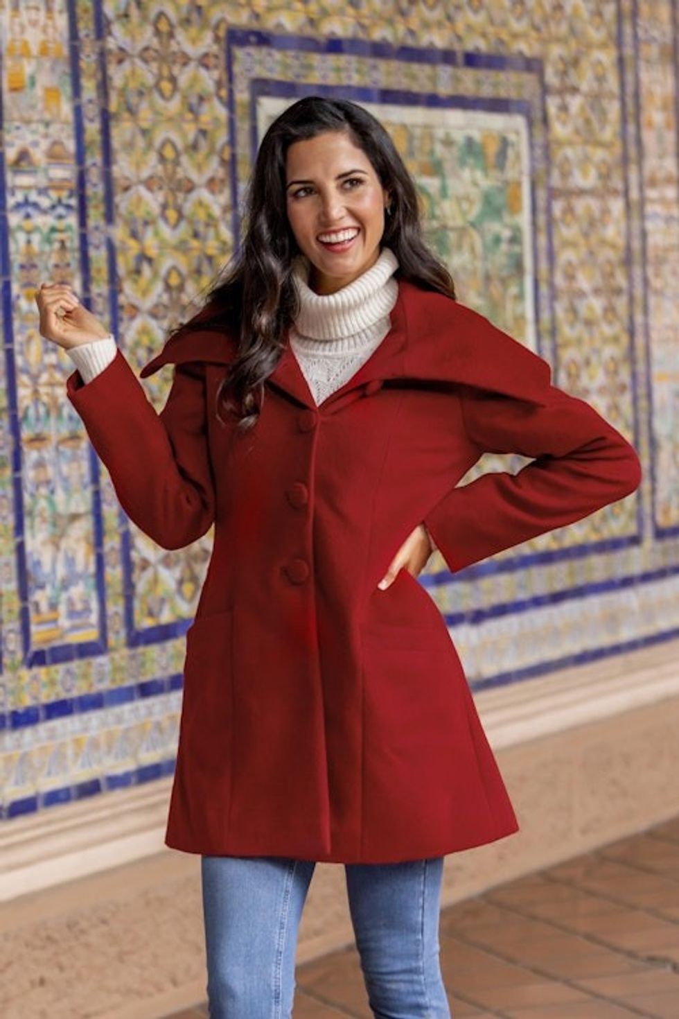 Red Baby Alpaca and Wool Coat with Flared Design from Peru 'Red Classic'