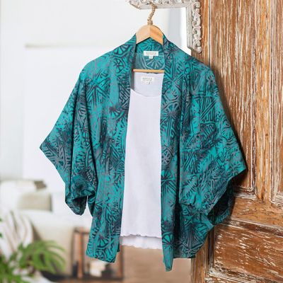 Alternate image for Handmade Batik Rayon Kimono Jacket Emerald Ocean
