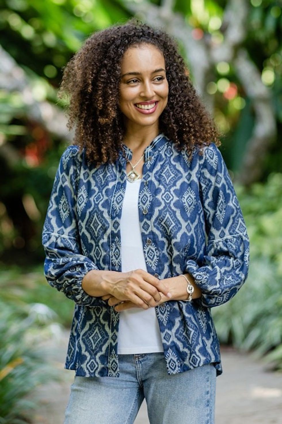 Woven Cotton Button-Up Shirt Jacket from Java 'Brocade Flowers'