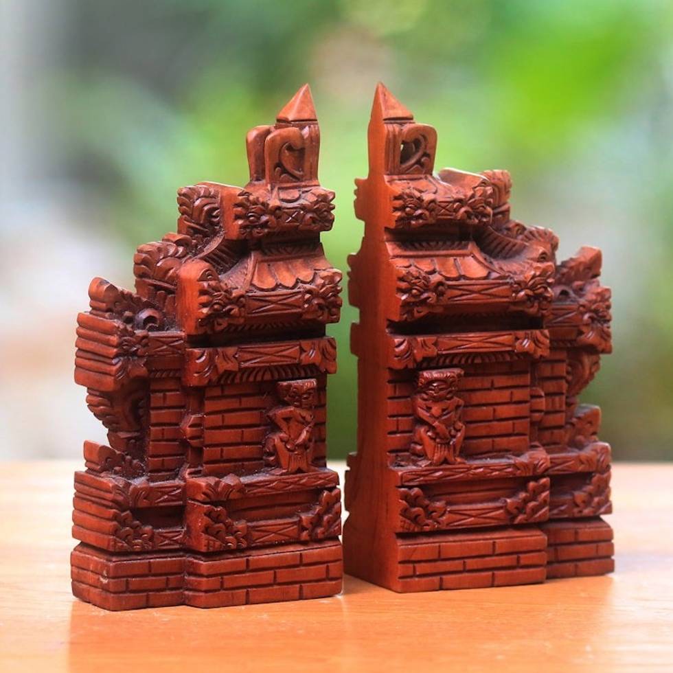 Hand-Carved Cultural Suar Wood Bookends from Bali 7_5 in 'Gapura Gaze'