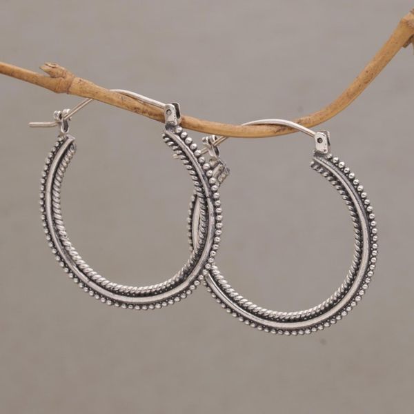 Alternate image for Sterling Silver Hoop Earrings with Textured Details 1_4 In On Rotation