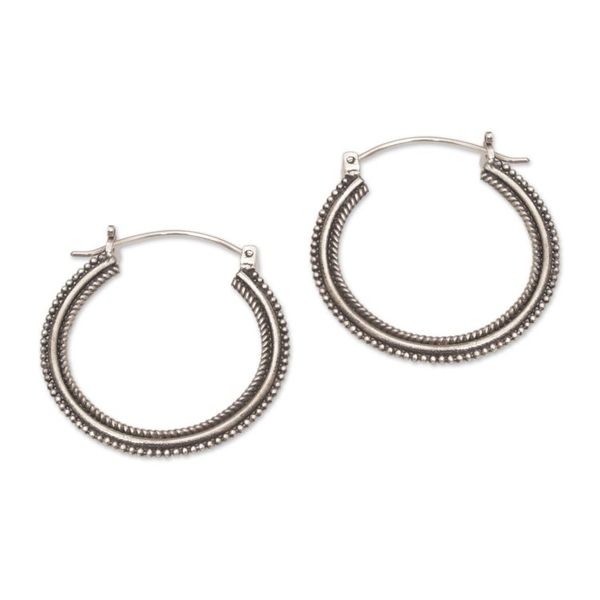 Alternate image for Sterling Silver Hoop Earrings with Textured Details 1_4 In On Rotation
