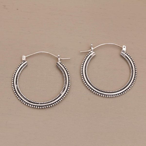 Alternate image for Sterling Silver Hoop Earrings with Textured Details 1_4 In On Rotation