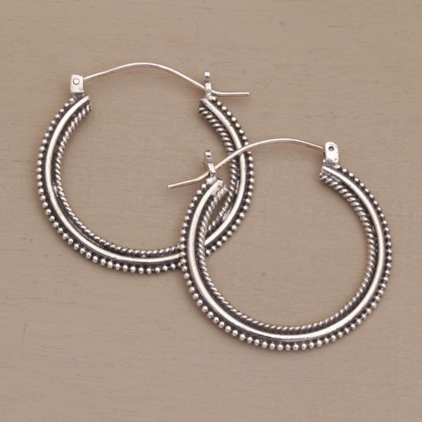 Alternate image for Sterling Silver Hoop Earrings with Textured Details 1_4 In On Rotation