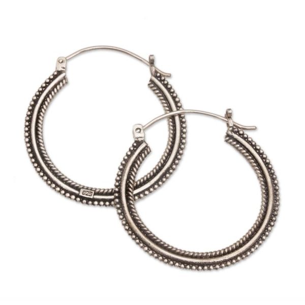 Alternate image for Sterling Silver Hoop Earrings with Textured Details 1_4 In On Rotation