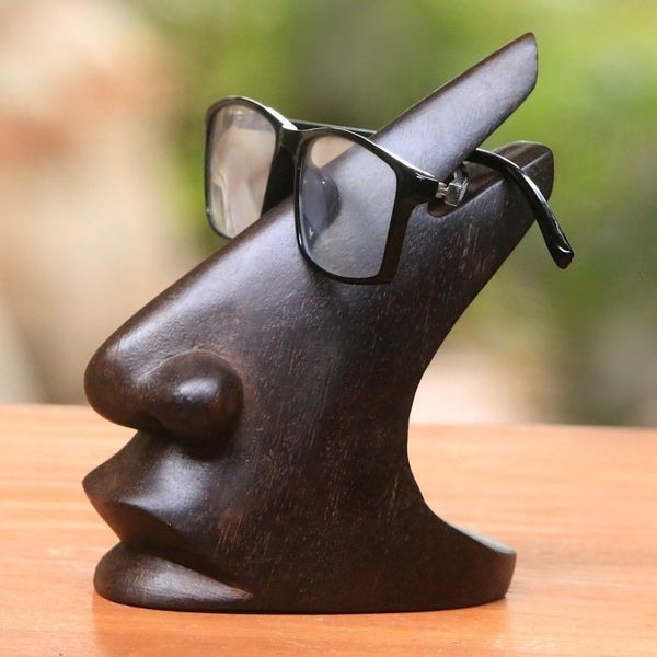 Alternate image for Wood Eyeglasses Stand in Dark Brown from Bali Prominent Nose in Dark Brown