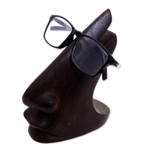 Alternate image for Wood Eyeglasses Stand in Dark Brown from Bali Prominent Nose in Dark Brown
