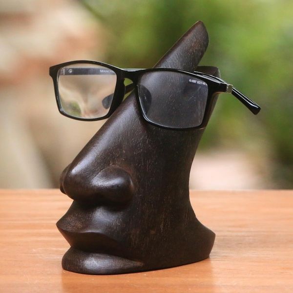 Alternate image for Wood Eyeglasses Stand in Dark Brown from Bali Prominent Nose in Dark Brown
