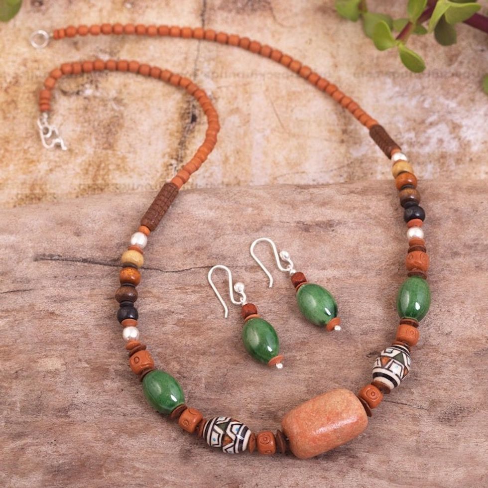 Jasper and Ceramic Beaded Necklace and Earring Set 'Green Peru'
