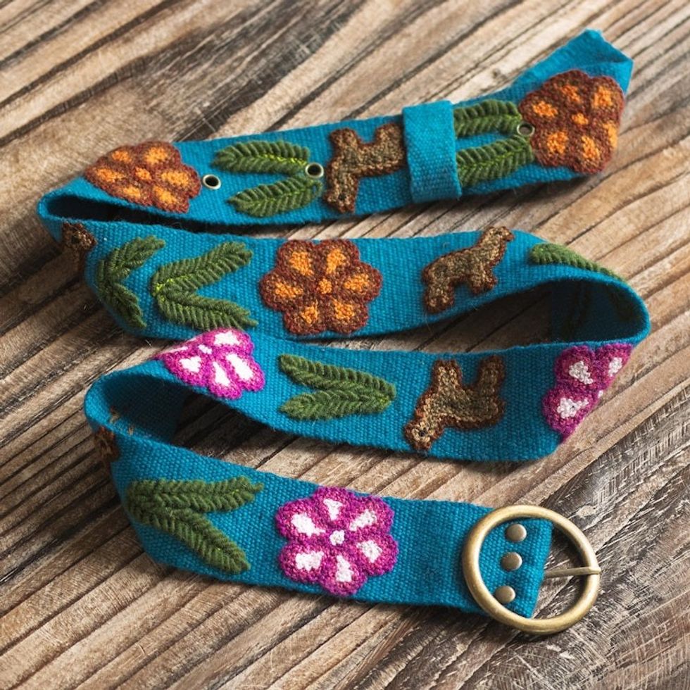 Turquoise Cloth Belt Embroidered with Llamas and Flowers 'Llama Cavalcade'