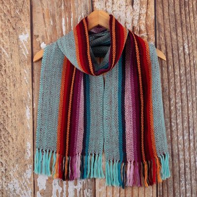 Alternate image for 100 Alpaca Striped Scarf with Fringe Hand-Woven in Peru Dusk