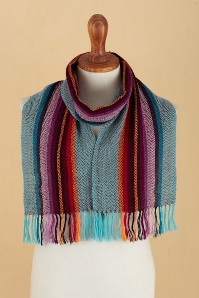 Alternate image for 100 Alpaca Striped Scarf with Fringe Hand-Woven in Peru Dusk