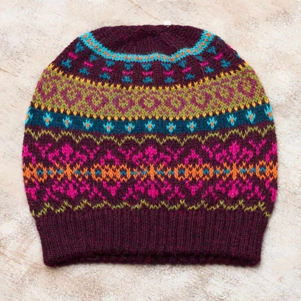Multi-Color 100 Alpaca Knit Hat with Rows of Varying Motifs 'Colorful Carousel'