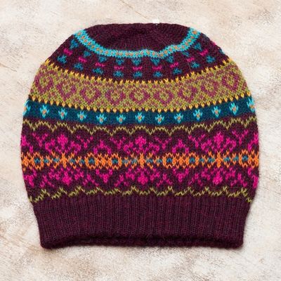 Alternate image for Multi-Color 100 Alpaca Knit Hat with Rows of Varying Motifs Colorful Carousel