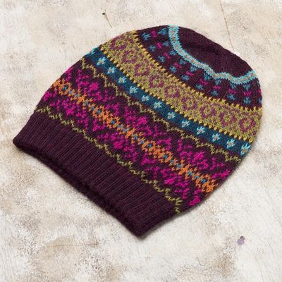 Alternate image for Multi-Color 100 Alpaca Knit Hat with Rows of Varying Motifs Colorful Carousel