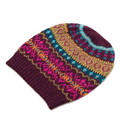 Alternate image for Multi-Color 100 Alpaca Knit Hat with Rows of Varying Motifs Colorful Carousel