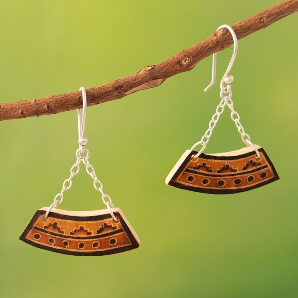 Mate Gourd  Sterling Silver Dangle Earrings with Inca Motif 'Trendy Petite Trapeze'