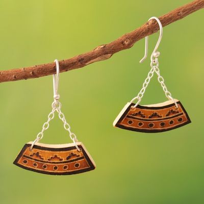Alternate image for Mate Gourd  Sterling Silver Dangle Earrings with Inca Motif Trendy Petite Trapeze