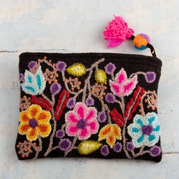 Alternate image for Black 100 Alpaca Cosmetic Bag with Floral Embroidery Black Andean Paradise
