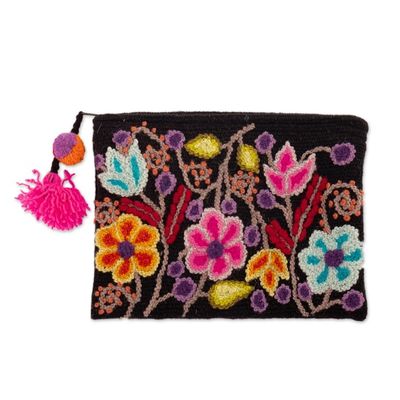 Alternate image for Black 100 Alpaca Cosmetic Bag with Floral Embroidery Black Andean Paradise