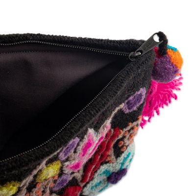 Alternate image for Black 100 Alpaca Cosmetic Bag with Floral Embroidery Black Andean Paradise