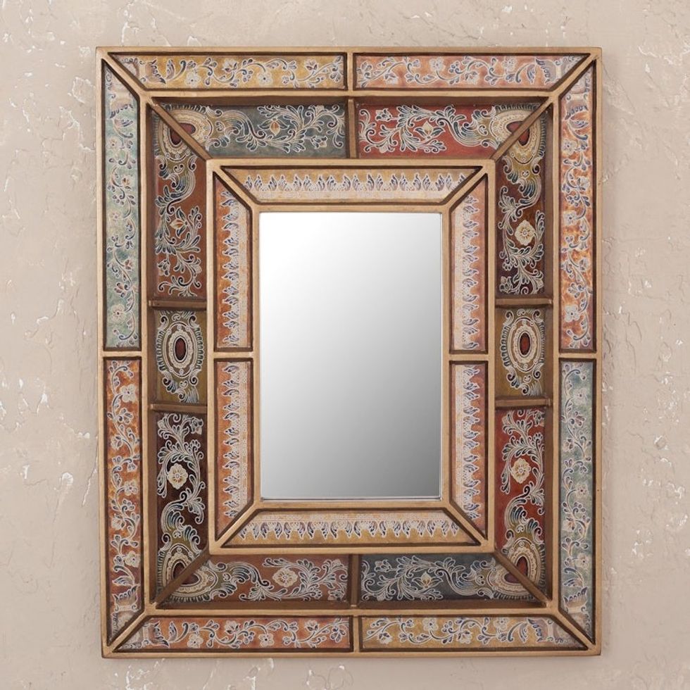 Floral Reverse-Painted Glass Wall Mirror from Peru 'Colonial Charm'