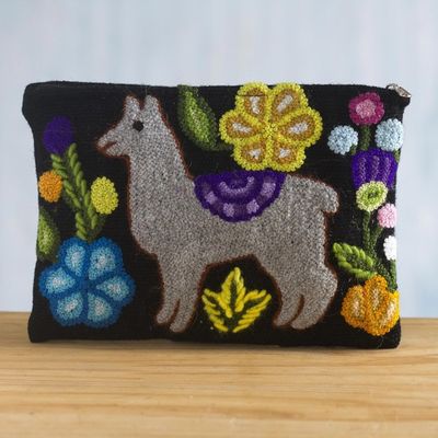 Alternate image for Llama Motif Black Wool Cosmetic Bag from Peru Llama Glam in Grey