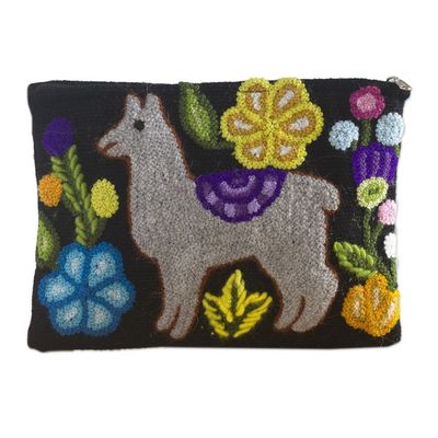Alternate image for Llama Motif Black Wool Cosmetic Bag from Peru Llama Glam in Grey