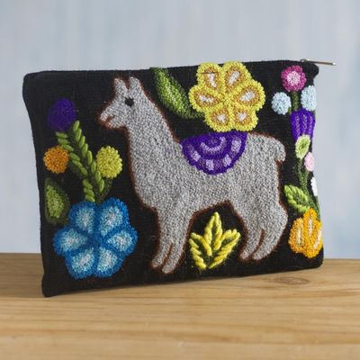Alternate image for Llama Motif Black Wool Cosmetic Bag from Peru Llama Glam in Grey