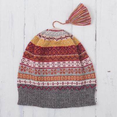 Alternate image for Burnt Sienna and Pink and Grey 100 Alpaca Knit Hat Inca Countryside