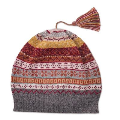 Alternate image for Burnt Sienna and Pink and Grey 100 Alpaca Knit Hat Inca Countryside