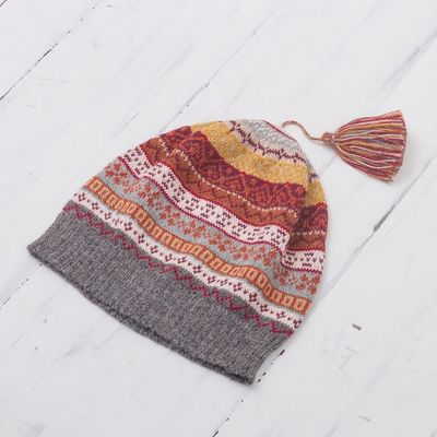 Alternate image for Burnt Sienna and Pink and Grey 100 Alpaca Knit Hat Inca Countryside