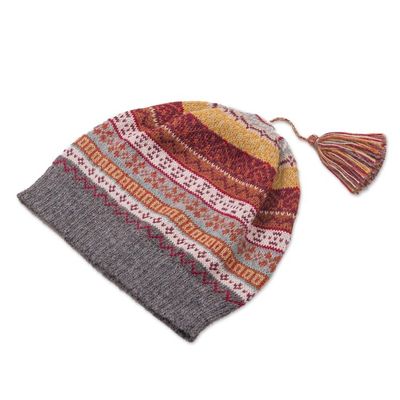 Alternate image for Burnt Sienna and Pink and Grey 100 Alpaca Knit Hat Inca Countryside