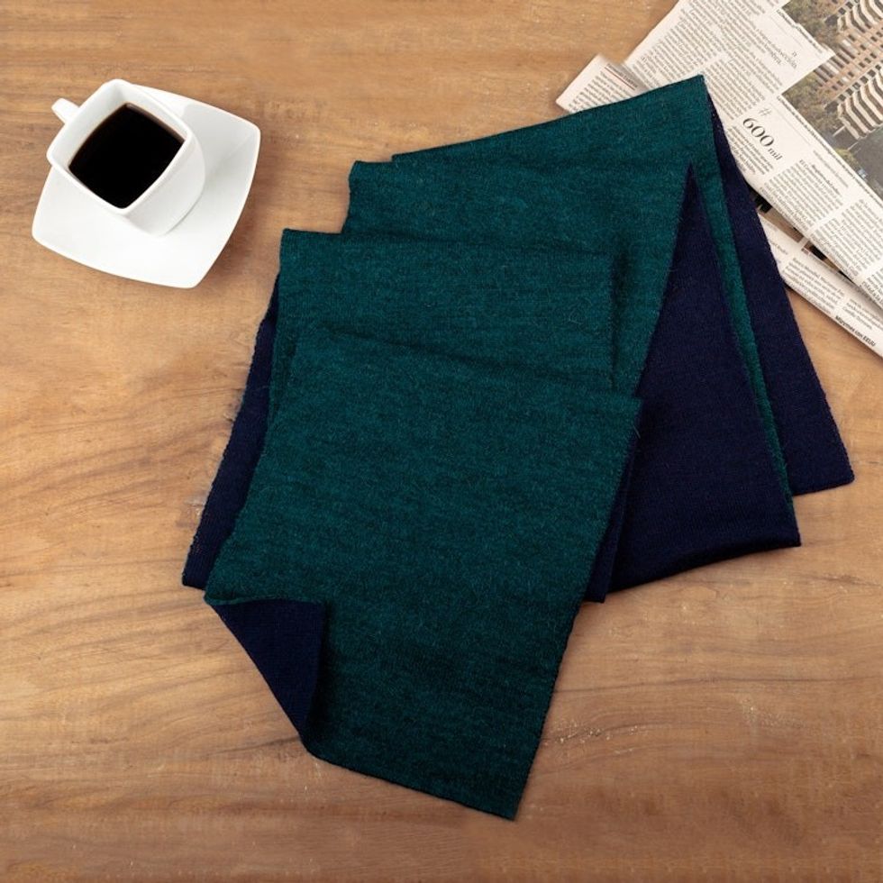 Knit Reversible Baby Alpaca Scarf in Indigo and Peacock 'Peacock Trends'