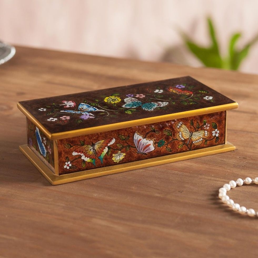 Reverse Painted Glass Butterfly Decorative Box in Sepia 'Butterfly Jubilee in Sepia'