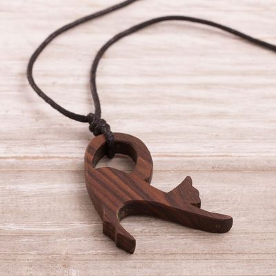 Alternate image for Wood Pendant Necklace of a Cat from Peru Relaxing Stretch