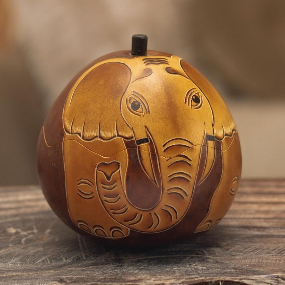 Dried Gourd with Burned Image of an Elephant from Peru 'Earth Tone Elephant'