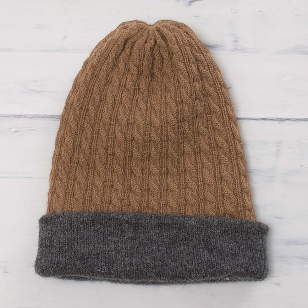 Men's Reversible Grey and Brown Alpaca Blend Hat from Peru 'The Bells of Huancayo'