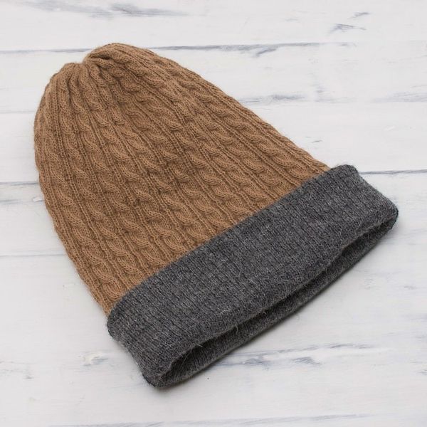 Alternate image for Mens Reversible Grey and Brown Alpaca Blend Hat from Peru The Bells of Huancayo