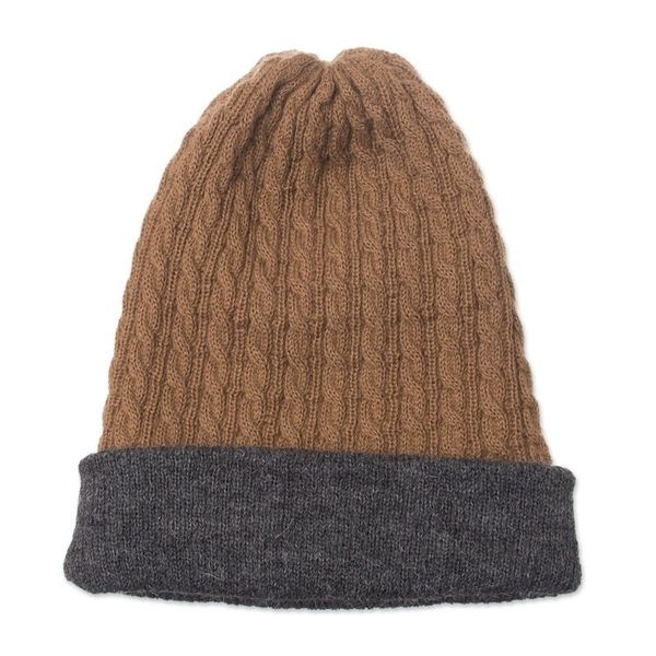 Alternate image for Mens Reversible Grey and Brown Alpaca Blend Hat from Peru The Bells of Huancayo