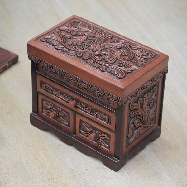 Alternate image for Bird Theme Hand Tooled Brown Leather Jewelry Box Avian Haven