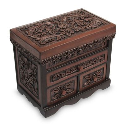 Alternate image for Bird Theme Hand Tooled Brown Leather Jewelry Box Avian Haven