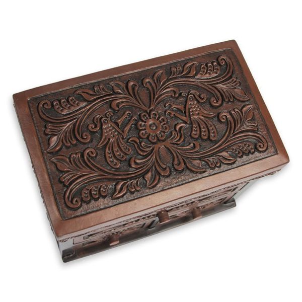Alternate image for Bird Theme Hand Tooled Brown Leather Jewelry Box Avian Haven