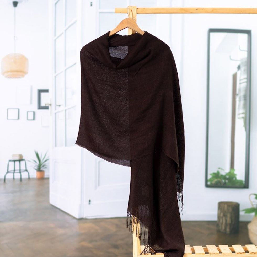 Burgundy Baby Alpaca Blend Fringed Shawl Hand-Woven in Peru 'Cozy Flair'